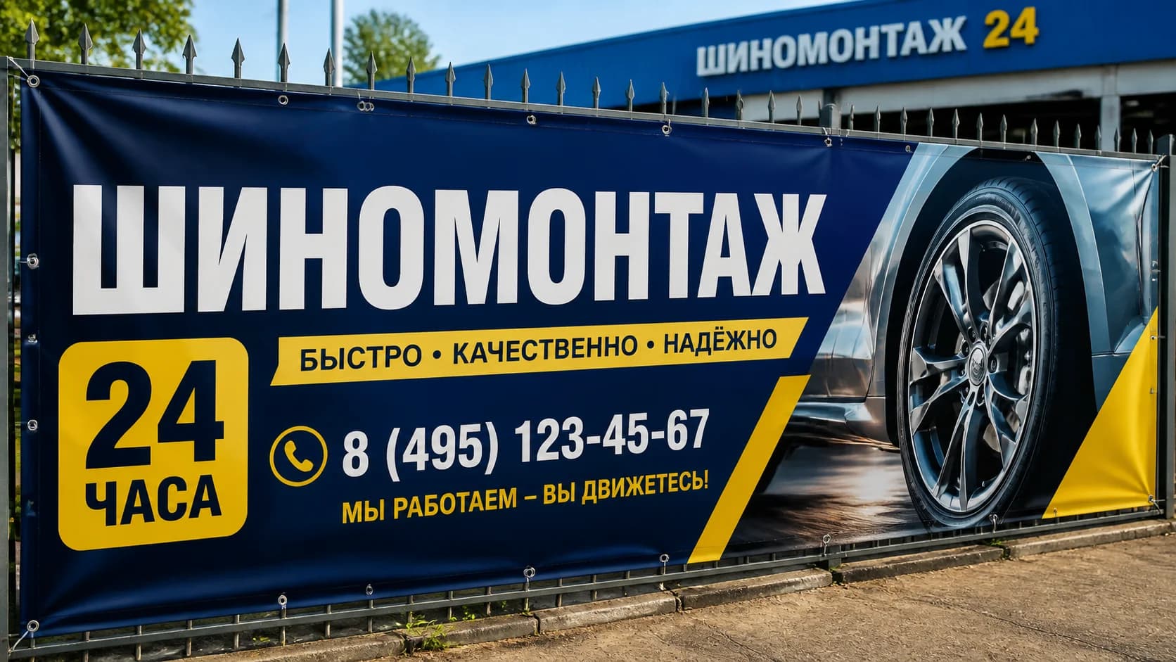 Уличный баннер для шиномонтажа с люверсами — «Шиномонтаж 24 часа»